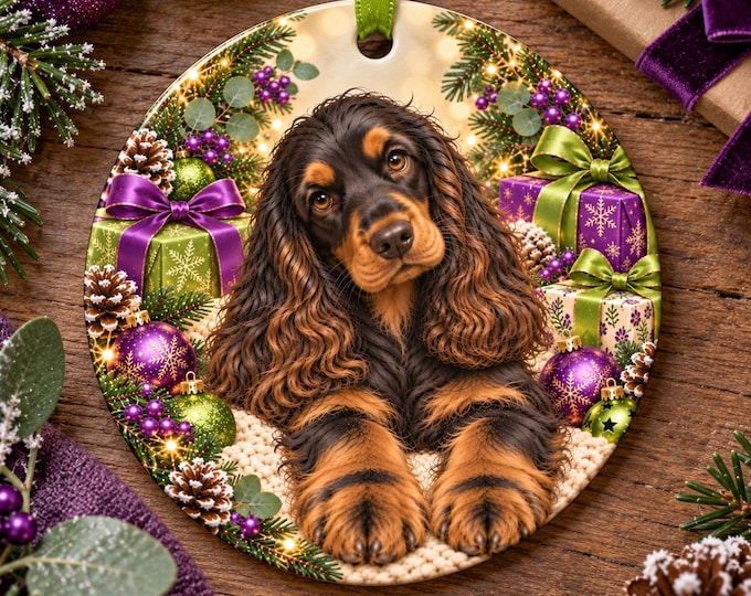 Black and Tan Cocker Spaniel Christmas Tree Ornament, Ceramic, Double-Sided Print & Gift Bag