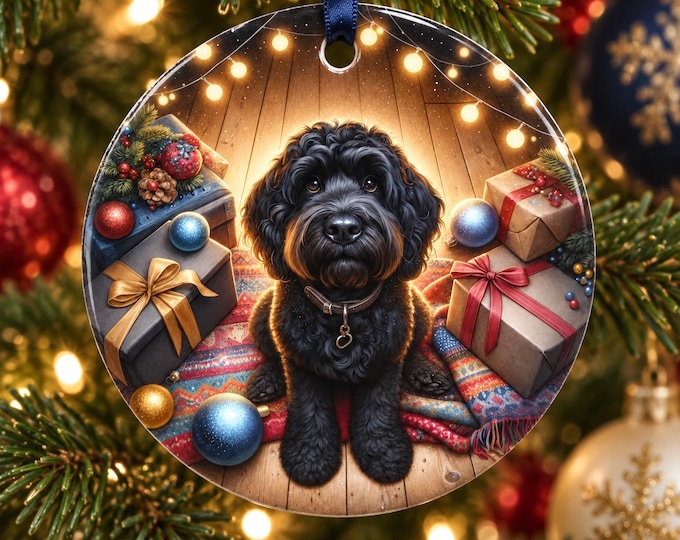 Black Cockapoo Christmas Ceramic Tree Ornament, Double Sided Printed & Gift Bag