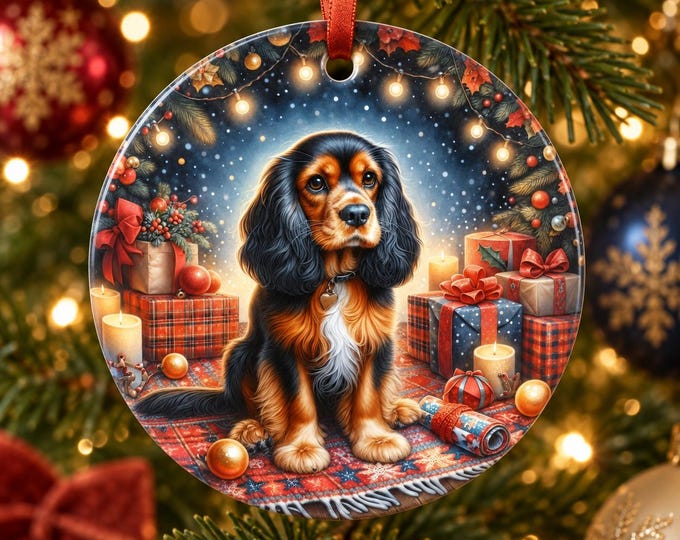 Black and Tan Cocker Spaniel Christmas Tree Ornament, Ceramic, Design on Both Sides