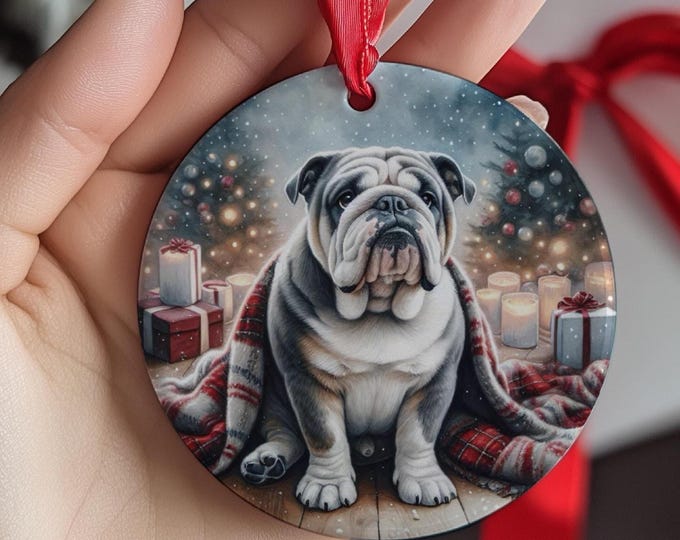 British Bulldog Christmas Tree Ornament, Ceramic Double Sided Print & Gift Bag