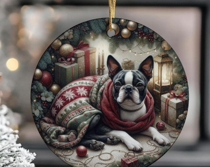 Boston Terrier Ceramic Christmas Tree Ornament, Printed On Both Sides, Gift Bag