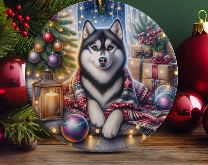 Husky Christmas Tree Ornament, Ceramic, Double-Sided Printed & Gift Bag