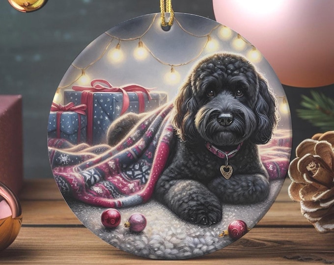 Black Cockapoo Christmas Ornament, Ceramic, Double Sided Print & Gift Bag