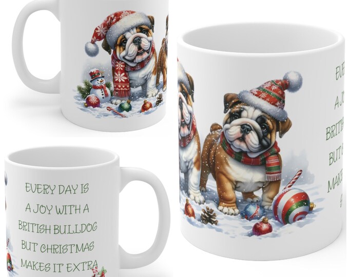 11oz Ceramic British Bulldog Christmas Mug, British Bulldog Mug, British Bulldog Gift For British Bulldog Mum, Dad, Owner, Work Colleague