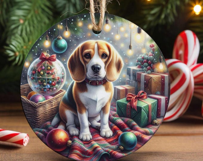 Beagle Christmas Tree Ornament, Ceramic, Double-Sided Print and Gift Bag