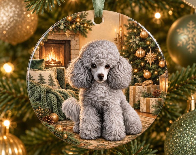 Grey Poodle Christmas Ornament, Ceramic Dog Keepsake, Festive Tree Decoration