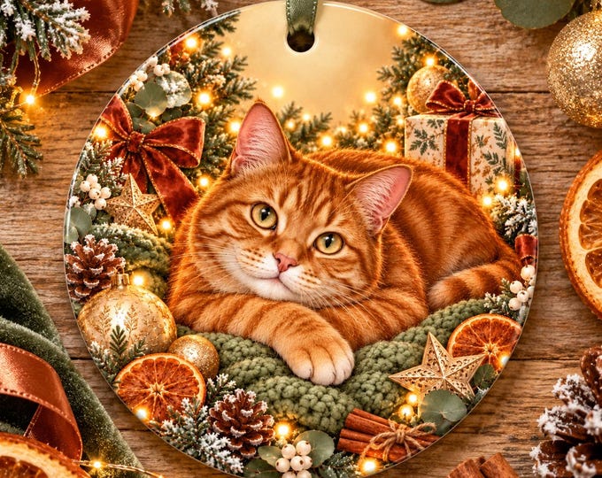 Ginger Cat Christmas Ornament | Round Ceramic Cat Lover Gift