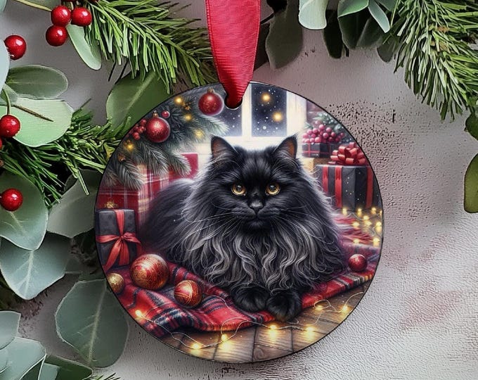 Black Cat Christmas Ornament, Ceramic Double-Sided Print Decoration & Gift Bag