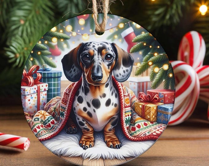 Dachshund Ceramic Christmas Tree Ornament, Design on Both Sides & Gift Bag