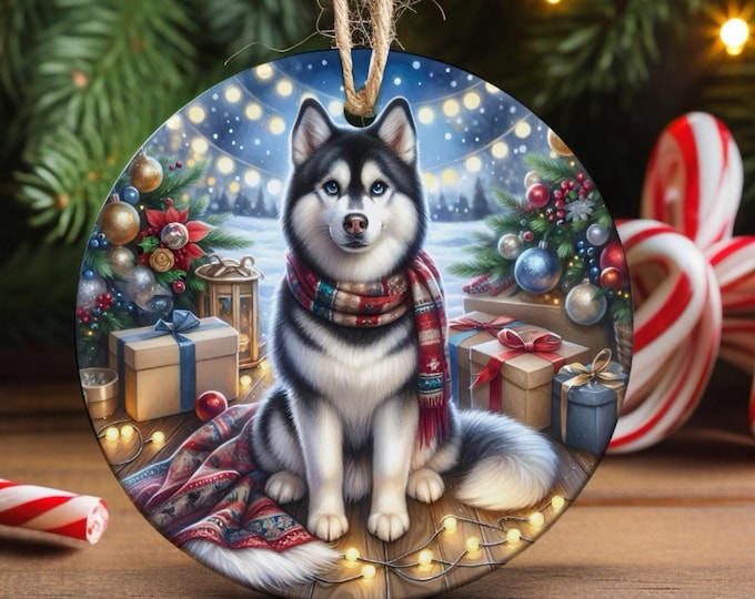 Husky Christmas Tree Ornament, Ceramic, Double-Sided Printed & Gift Bag