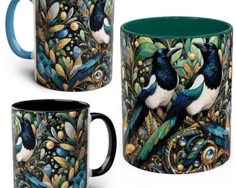 Magpie Mug – 11oz Ceramic Coffee Cup – Bird Lover Gift – Nature Inspired Design – Available in Blue, Green, or Black