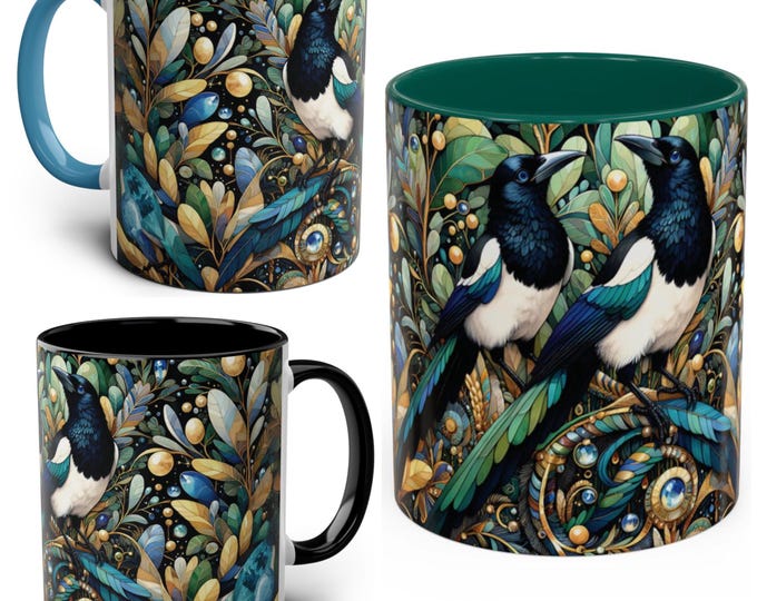 Magpie Mug – 11oz Ceramic Coffee Cup – Bird Lover Gift – Nature Inspired Design – Available in Blue, Green, or Black