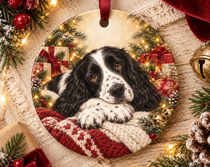 English Springer Spaniel Christmas Tree Ornament, Ceramic, Double-Sided Print & Gift Bag