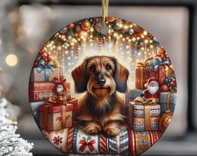 Dachshund Ceramic Christmas Tree Ornament, Design on Both Sides & Gift Bag