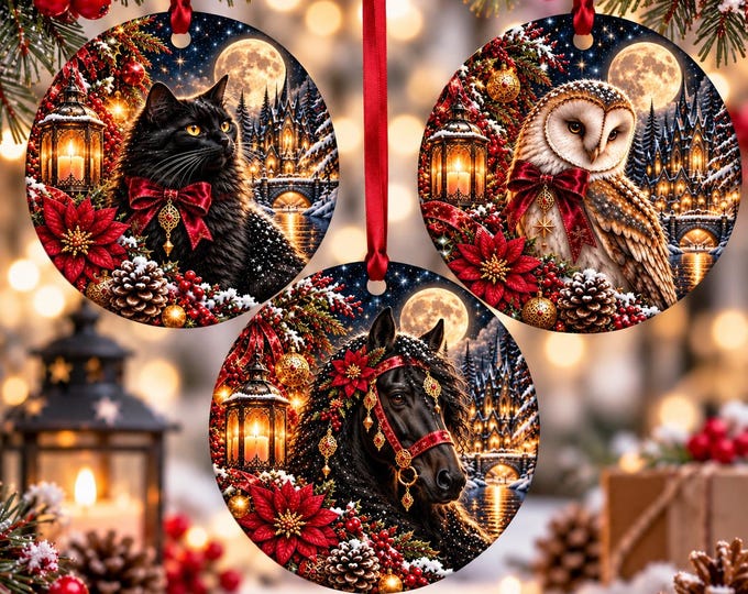 Gothic Christmas Ornaments Set of 3, Black Cat Owl Horse Ceramic Decorations