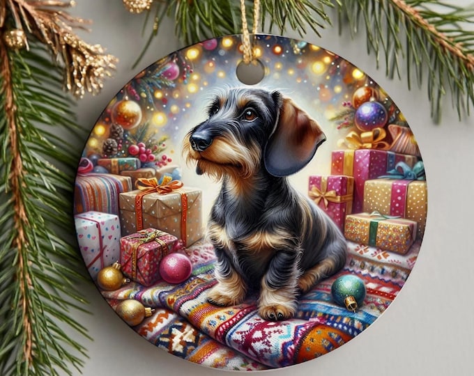 Dachshund Ceramic Christmas Tree Ornament, Design on Both Sides & Gift Bag