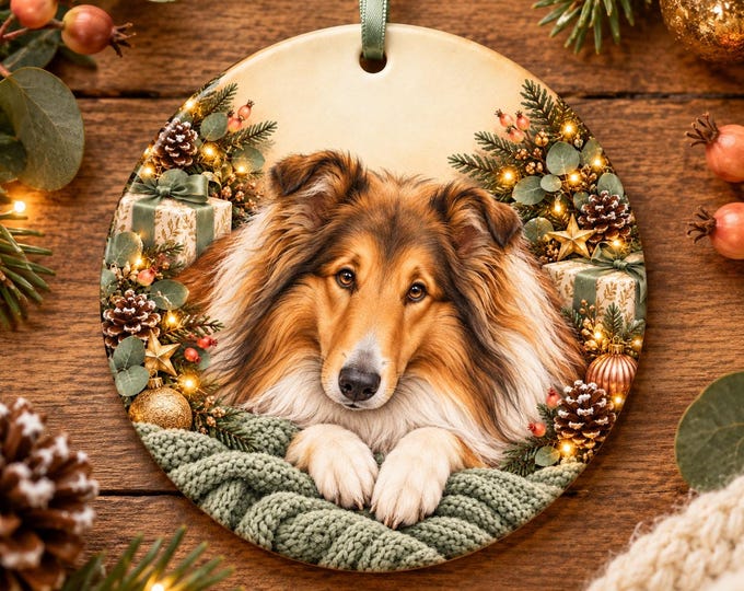 Rough Collie Christmas Tree Ornament, Ceramic, Double-Sided Print & Gift Bag