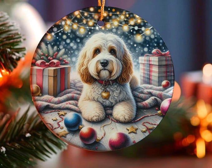 Cream and White Cockapoo Christmas Tree Ornament, Ceramic, Double-Sided Printed
