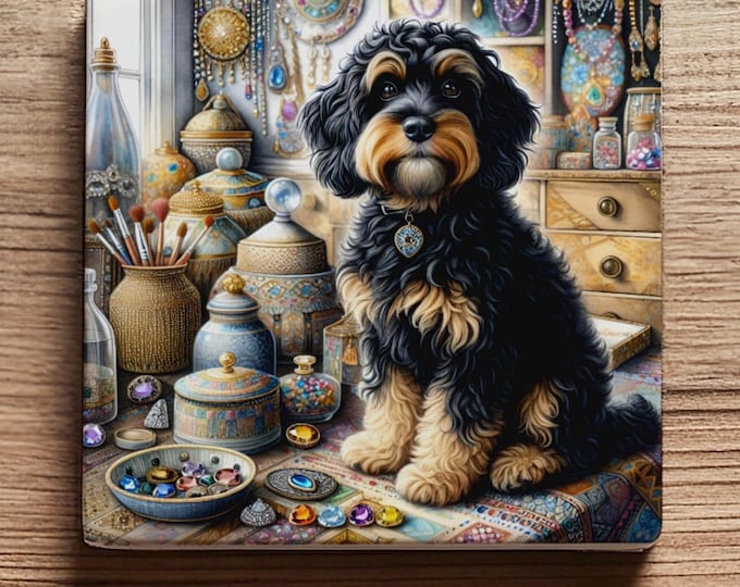 Luxury Black and Tan Cockapoo Ceramic Coaster – Victorian Jewel Design, Glossy Finish with Cork Back – Elegant Gift for Dog Lovers
