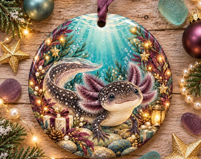 Dark Axolotl Christmas Ornament, Speckled Axolotl Ceramic Bauble Gift