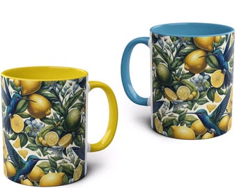 Hummingbird & Lemons Mug – Nature Bird Lover Gift – 11oz Ceramic Coffee Mug in Blue or Yellow