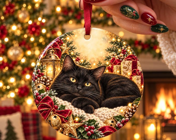 Black Cat Christmas Ornament | Round Ceramic Cat Lover Gift