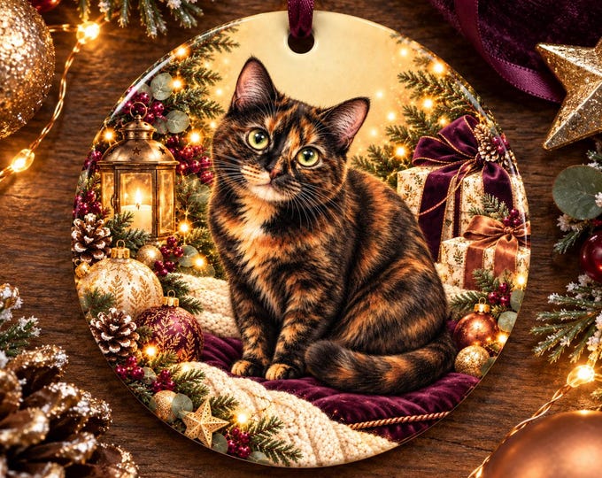Tortoise shell Cat Christmas Ornament | Round Ceramic Cat Lover Gift