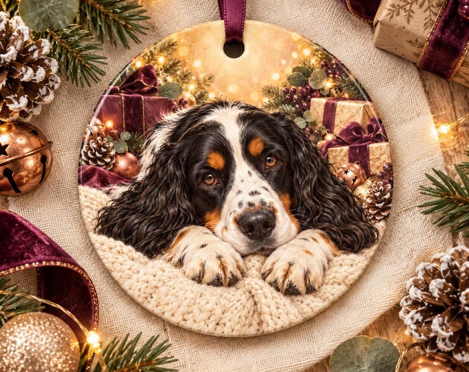 English Springer Spaniel Christmas Tree Ornament, Ceramic, Double-Sided Print & Gift Bag