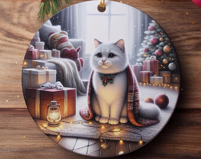 White Cat Ceramic Christmas Tree Ornament, Double Sided Printed