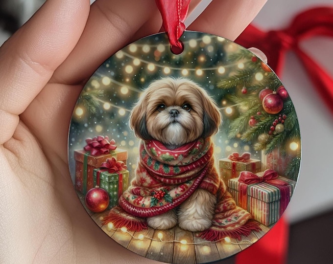 Shih Tzu Christmas Tree Ornament, Ceramic, Double-Sided Printed & Gift Bag