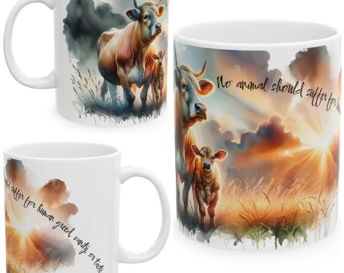 11oz Ceramic Vegan Design Mug, Cow Mug, Animal Rights