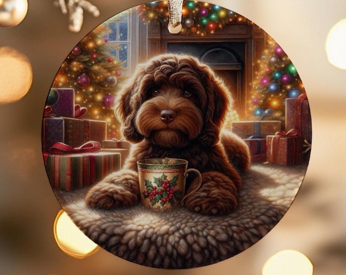Chocolate Cockapoo Christmas Tree Ornament, Ceramic Double-Sided Print, Gift Bag