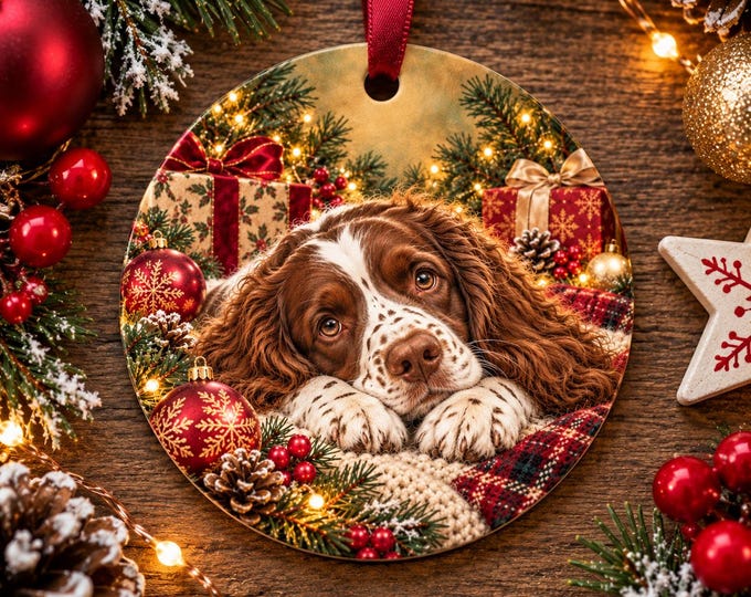 English Springer Spaniel Christmas Tree Ornament, Ceramic, Double-Sided Print & Gift Bag