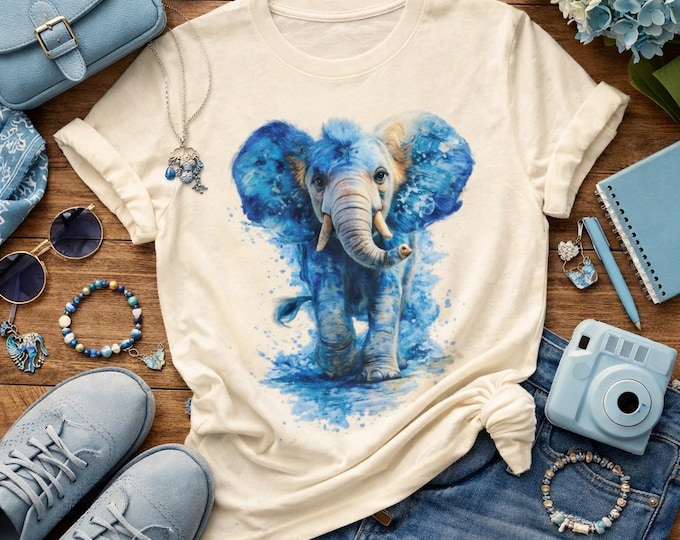 Blue Elephant T-Shirt | Watercolor Baby Animal Illustration
