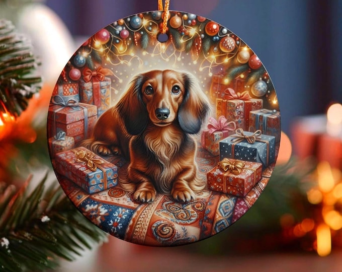 Dachshund Ceramic Christmas Tree Ornament, Design on Both Sides & Gift Bag
