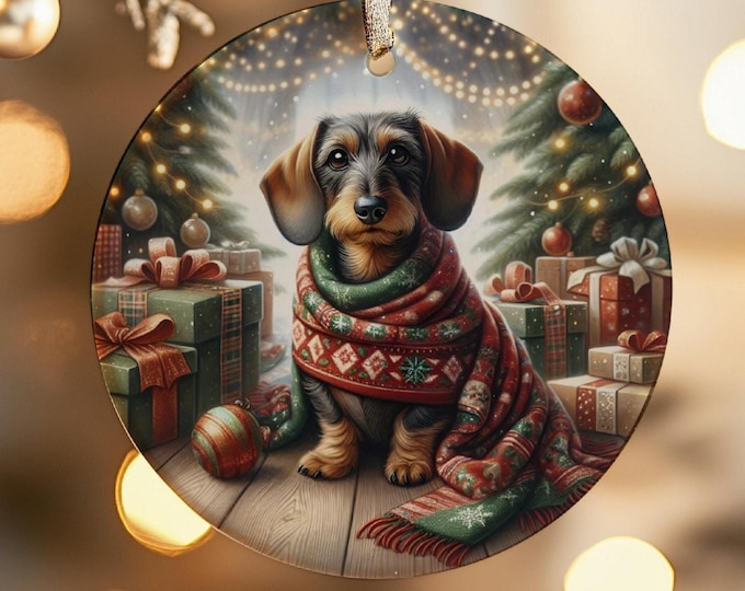 Dachshund Ceramic Christmas Tree Ornament, Design on Both Sides & Gift Bag