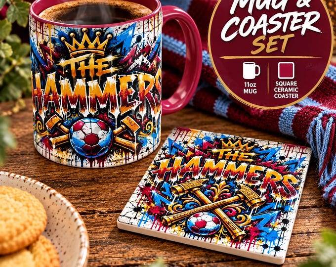 West Ham Inspired Mug & Coaster Set | Hammers Football Gift | Graffiti Design