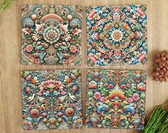 Set of 4 Colourful Victorian Tile Design Ceramic Coasters – Glossy Finish, Cork Backed, 10cm Square – Elegant Vintage Home Décor Gift