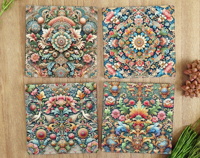 Set of 4 Colourful Victorian Tile Design Ceramic Coasters – Glossy Finish, Cork Backed, 10cm Square – Elegant Vintage Home Décor Gift