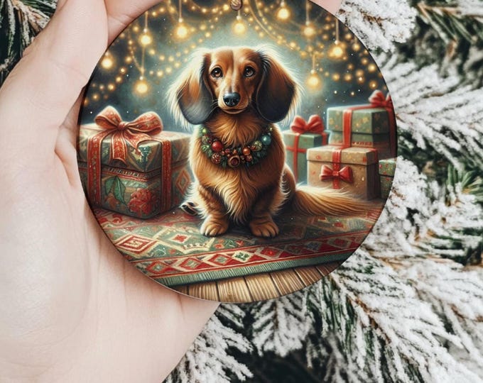 Dachshund Ceramic Christmas Tree Ornament, Design on Both Sides & Gift Bag