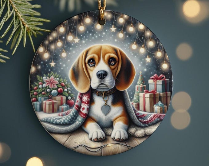 Beagle Christmas Tree Ornament, Ceramic, Double-Sided Print and Gift Bag