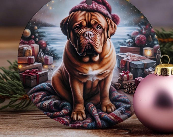 Dogue de Bordeaux Christmas Tree Ornament, Ceramic, Double-Sided Print, Gift Bag