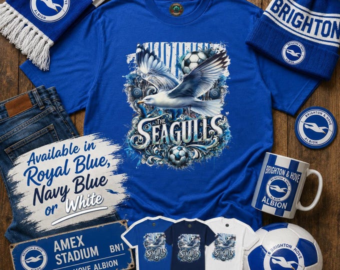 Brighton FC Seagull T-Shirt | Heavy Cotton Fan Tee (Royal Blue, Navy, Black, White)