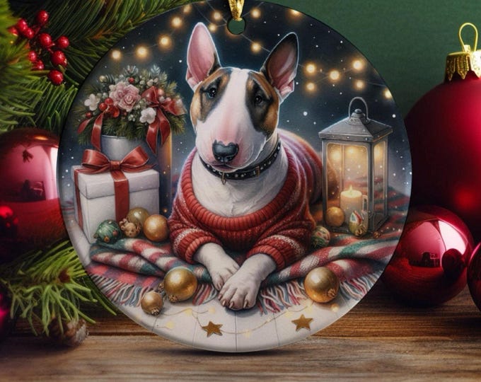 English Bull Terrier Ceramic Christmas Tree Ornament, Printed Each Side Gift Bag