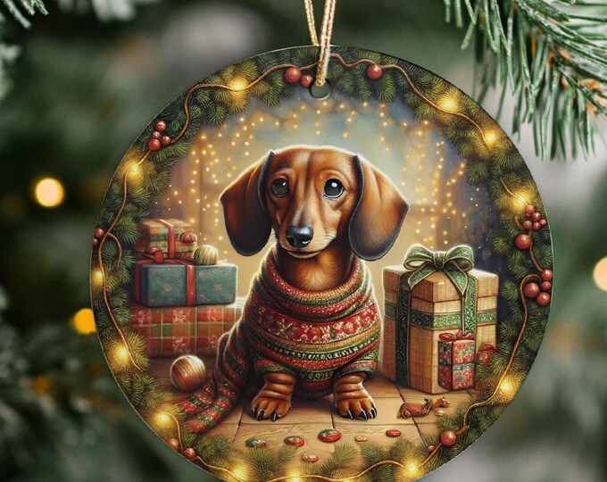 Dachshund Ceramic Christmas Tree Ornament, Design on Both Sides & Gift Bag