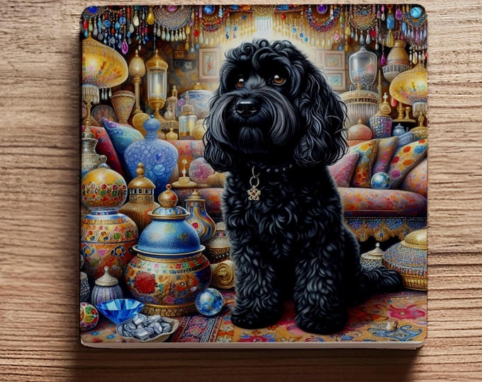 Luxury Black Cockapoo Ceramic Coaster – Victorian Jewel Design, Glossy Finish with Cork Back – Elegant Gift for Dog Lovers