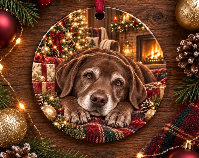 Chocolate Labrador Christmas Ornament, Ceramic Dog Bauble, Festive Tree Decoration