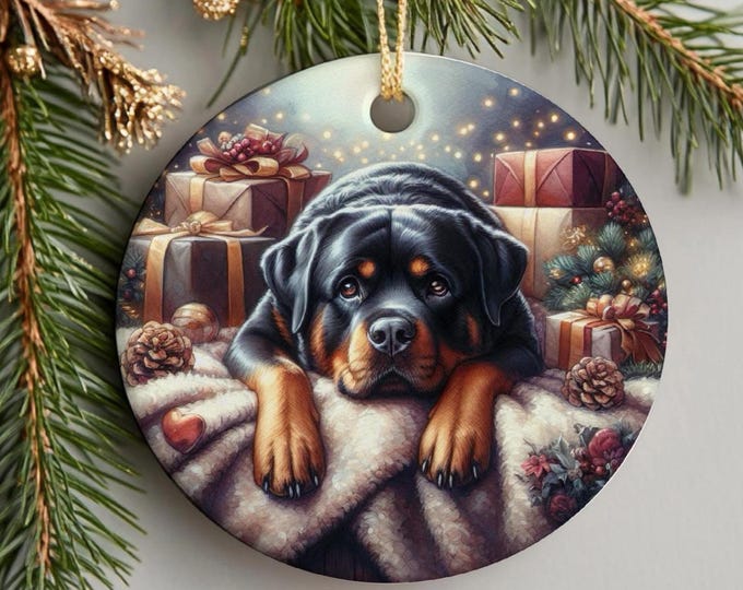 Rottweiler Christmas Tree Ornament, Ceramic With Design On Both Sides, Gift Bag