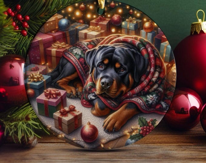 Rottweiler Christmas Tree Ornament, Ceramic With Design On Both Sides, Gift Bag