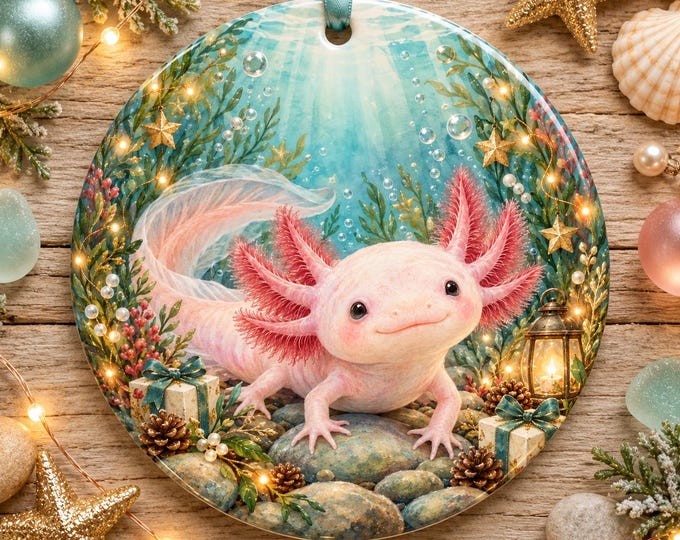 Pink Axolotl Christmas Ornament, Ceramic Bauble, Cute Axolotl Gift